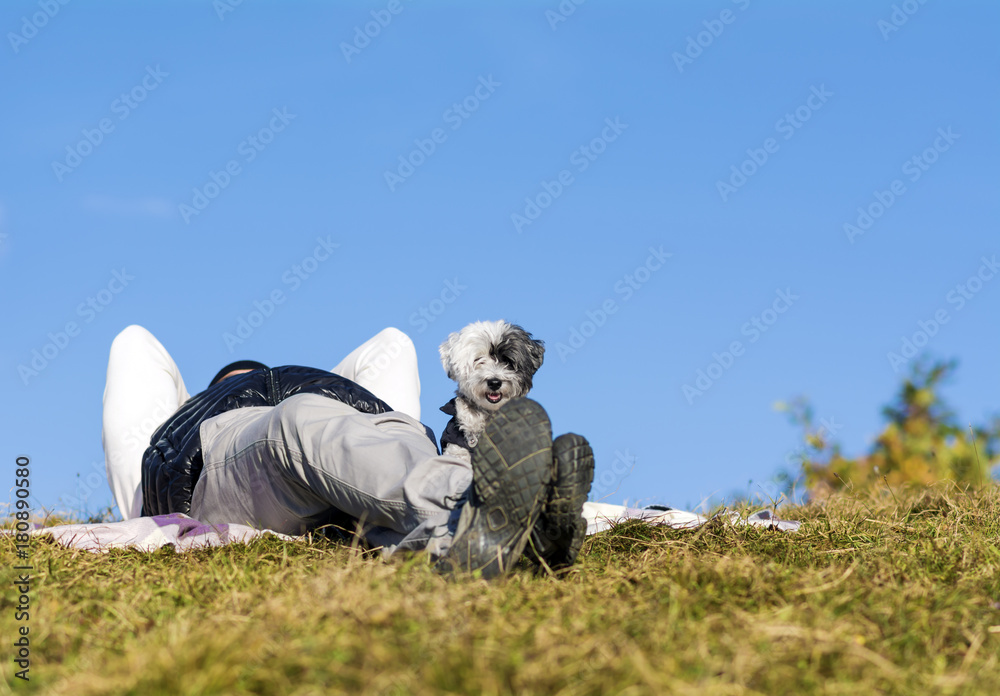 young man traveling in the autumn mountain with his dog young man traveling in the autumn mountain with his dog