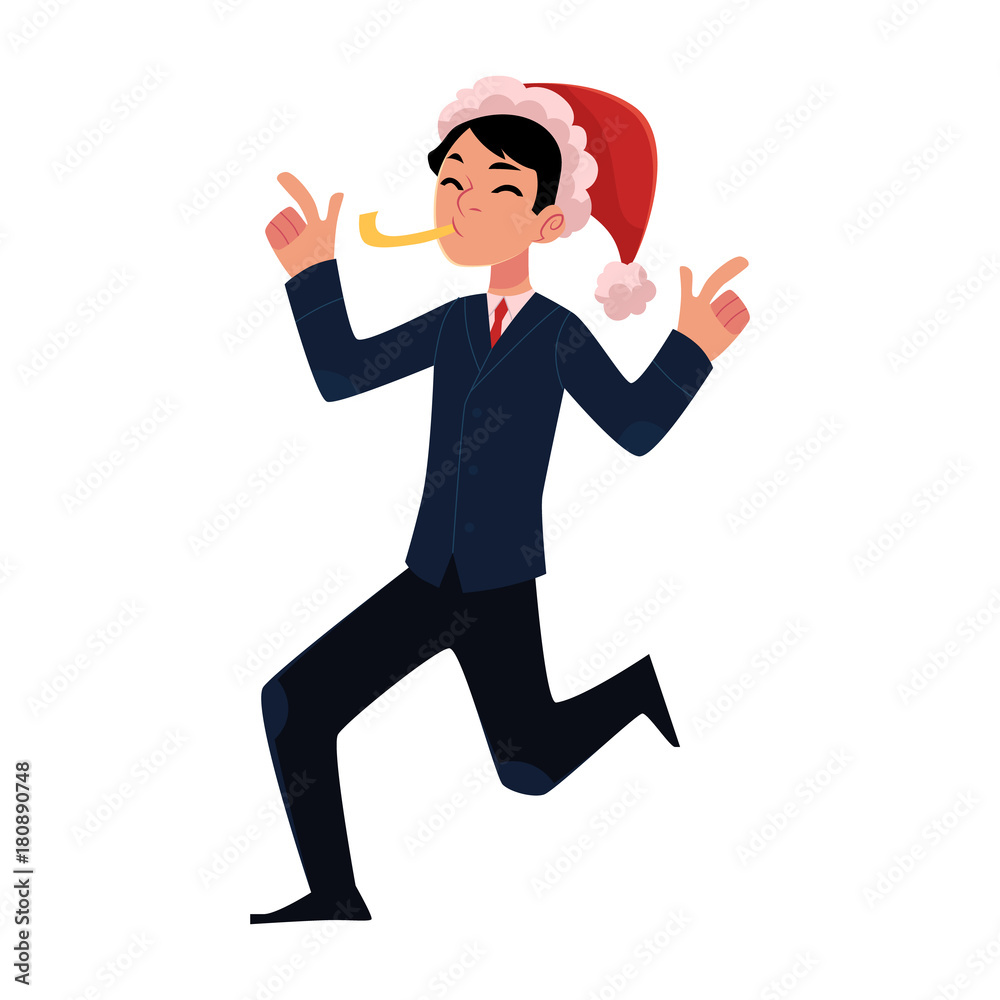 Man in Santa Claus hat having fun blowing whistle at corporate Christmas party, cartoon vector illustration isolated on white background. Man in business suit and Santa Claus hat celebrating Christmas