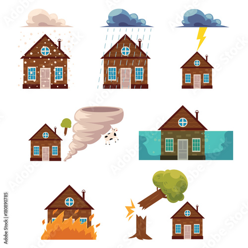Vector flat house insurance concepts set. House being damaged by wind, rain, lighting fire, snow, tornado hurricane or whirlwind, by flood and falling tree. Natural disaster insurance scenes isolated.