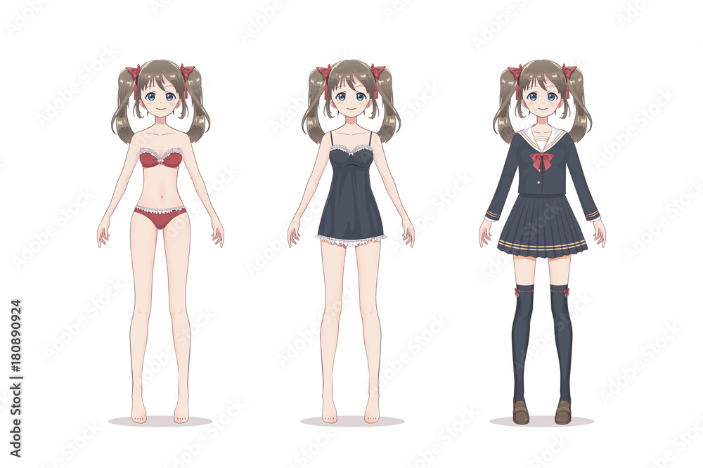Vetor de Anime manga girl. In lace underwear, bra, shirt, school suit with  bows. Cartoon character in Japanese style. do Stock