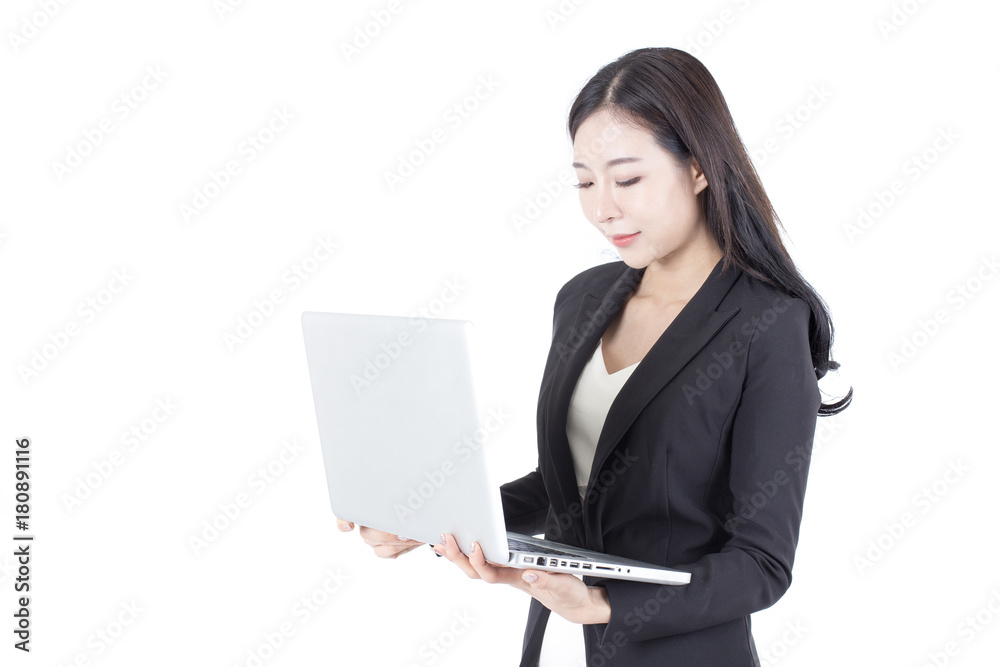 Portrait of Korean Woman using Laptop with smiling, Woman stand on white background, Woman with technology concept. Portrait of Korean Woman using Laptop with smiling, Woman stand on white background, Woman with technology concept.