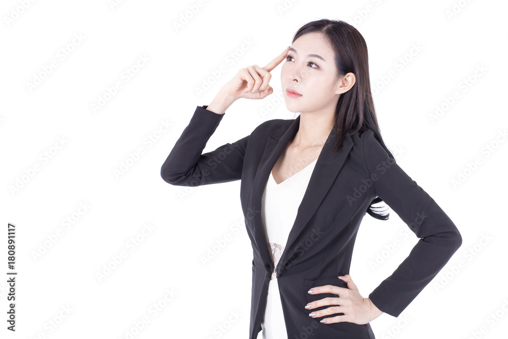 Portrait of Korean Woman Thinking for Business Plan, Woman stand on white background, Woman working concept. Portrait of Korean Woman Thinking for Business Plan, Woman stand on white background, Woman working concept.