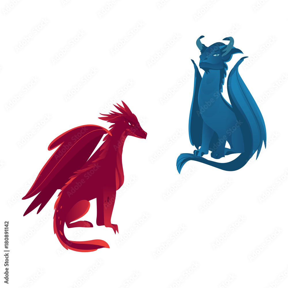 Couple of dragon characters, mythical creatures with wings and horns ...
