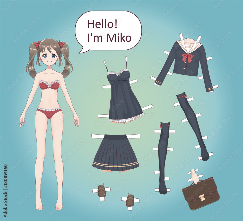 Anime manga girl. A paper doll for playing girls. In lace underwear, bra,  shirt, school suit with bows. Cartoon character in Japanese style. Stock  Vector | Adobe Stock