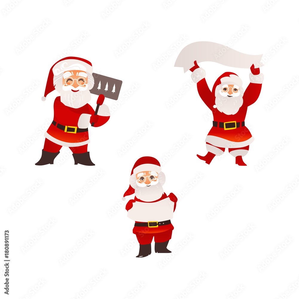 Set of funny Santa Claus characters holding Christmas banner, sign, board, flat cartoon vector illustration isolated on white background. Santa Claus holding empty sign, banner, board, Christmas set Set of funny Santa Claus characters holding Christmas banner, sign, board, flat cartoon vector illustration isolated on white background. Santa Claus holding empty sign, banner, board, Christmas set