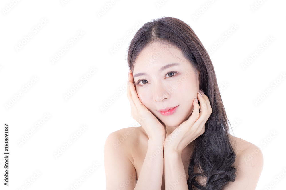 Beautiful Asian Woman Face Portrait Beauty Skin Care Concept. Fashion Beauty Model isolated on white