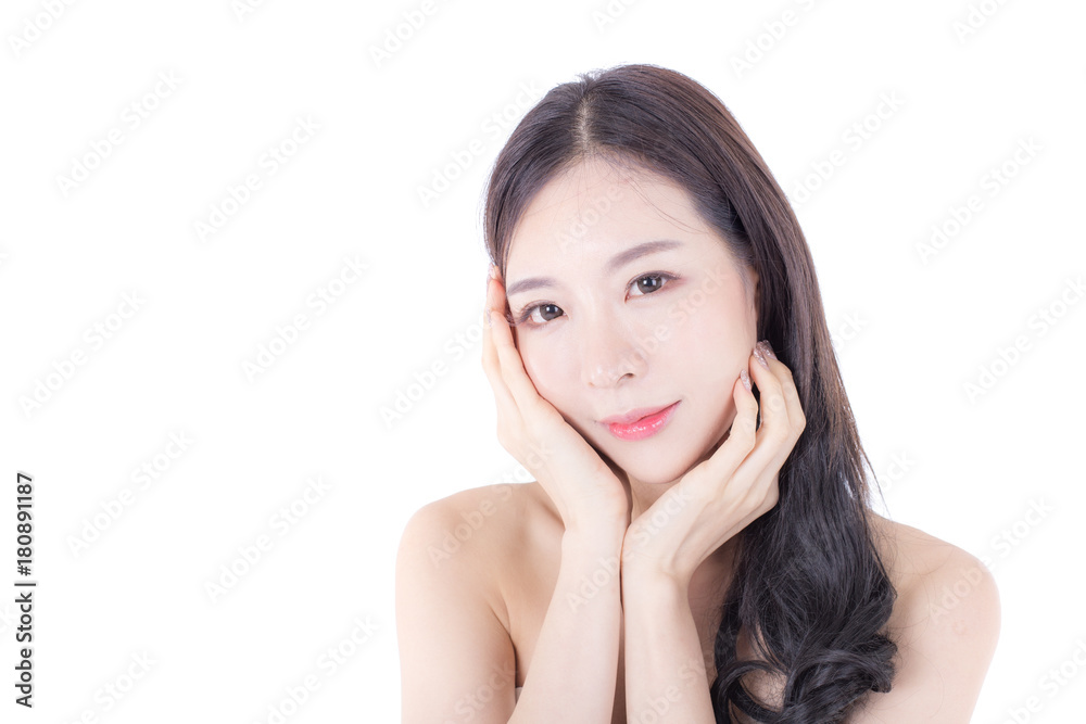 Beautiful Asian Woman Face Portrait Beauty Skin Care Concept. Fashion Beauty Model isolated on white Beautiful Asian Woman Face Portrait Beauty Skin Care Concept. Fashion Beauty Model isolated on white