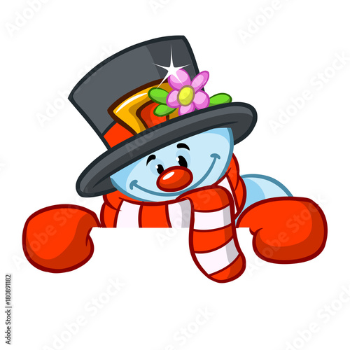 Little cute smiling snowman with scarf and woolen cap holding blank scroll for text invitation. Christmas or New year vector illustration 