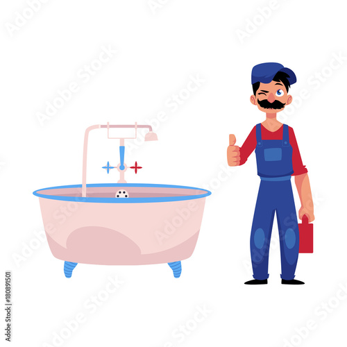 vector cartoon handsome man blumber in working uniform holding case with tools and equipment showing thumbs up, winking standing near fixed bath tube. isolated illustration on a white background