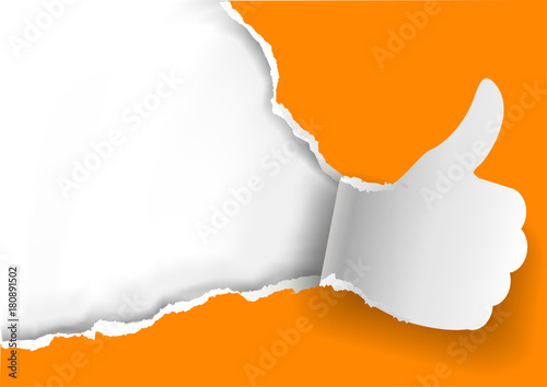 Thumbs up Ripped orange paper background. 
Paper background with torn thumbs up.Place for your text or image. Use full as Advertisement template. Vector available. 