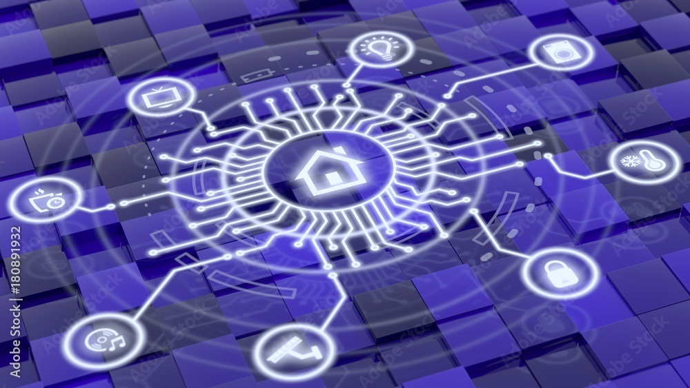 Smart home symbols surrounding a circular circuit diagram Smart home symbols surrounding a circular circuit diagram