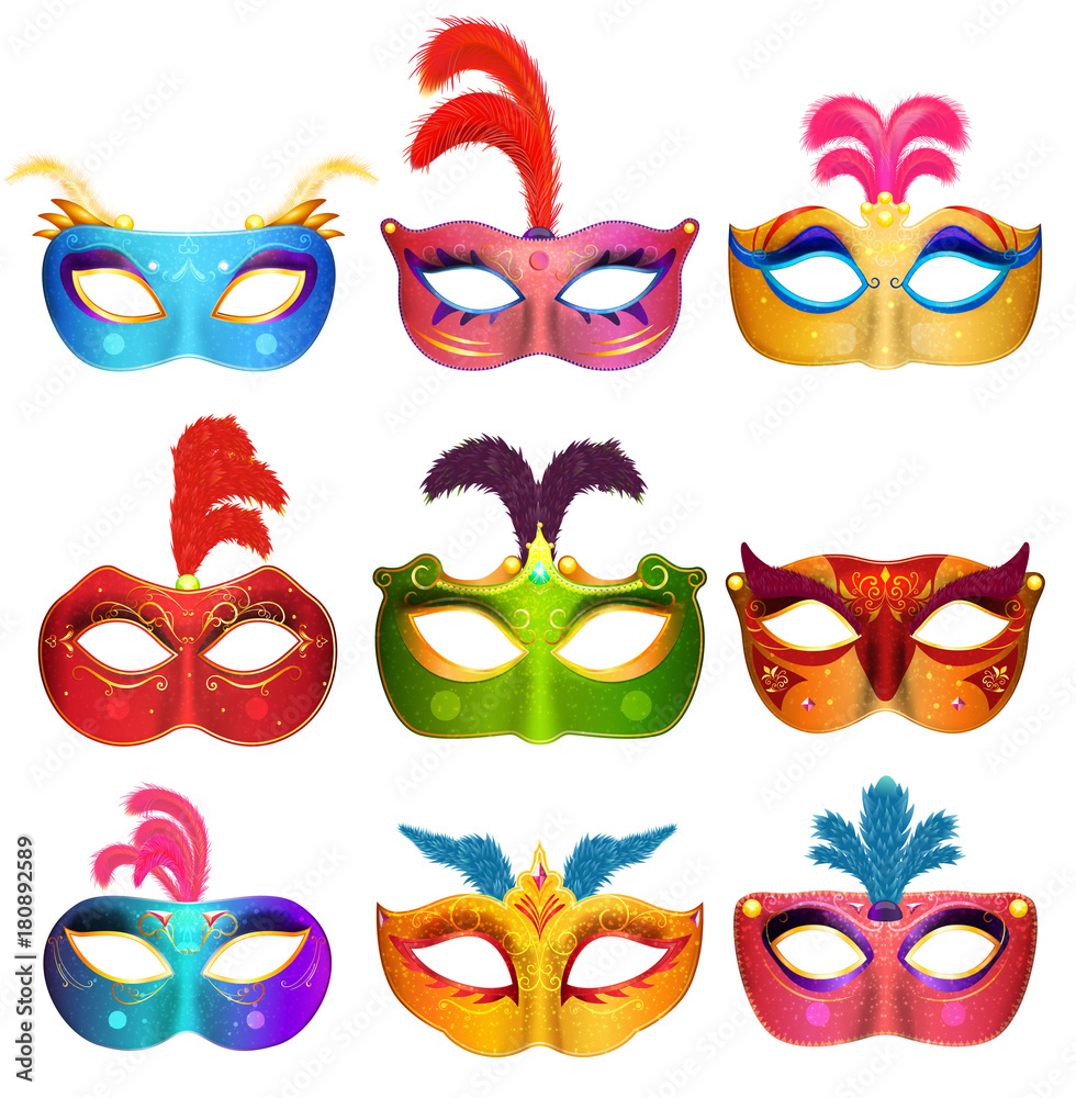 Mardi Gras Venetian handmade carnival masks. Face masks collection for masquerade party. Illustration