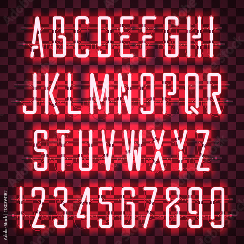 Glowing Red Neon Casual Script Font with uppercase letters from A to Z and digits from 0 to 9 with wires, tubes, brackets and holders. Shining and glowing neon effect. Vector illustration.