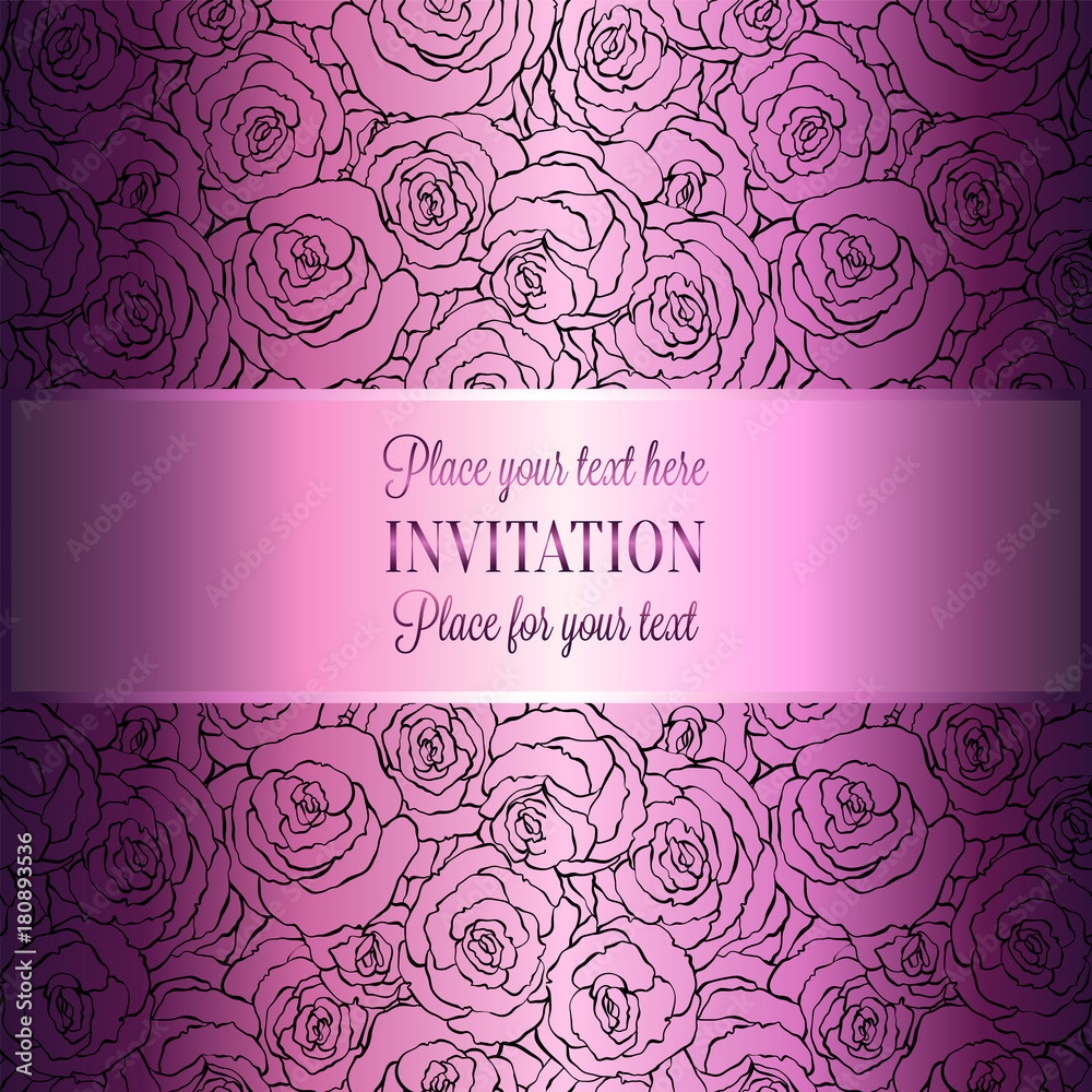 Romantic background with antique, luxury metal pink vintage card, victorian banner, rose flower wallpaper ornaments, invitation card, baroque style booklet with text