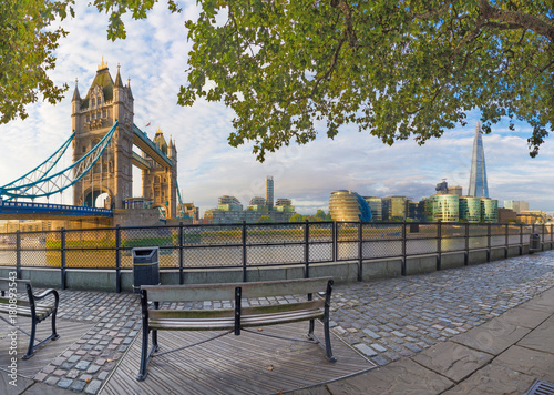 London - The panorama of Thames riverside  Tower bridge and Shard from promenade in morning light.