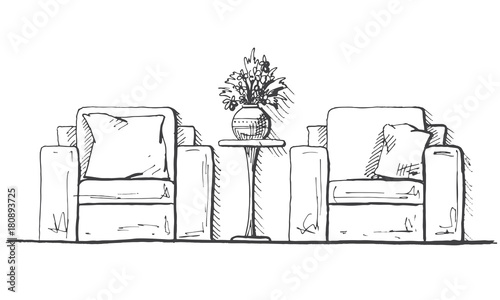 Two armchairs and a high table. Vase with flowers on the table. Hand drawn interior. Vector illustration in sketch style