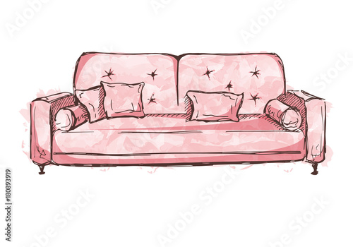 Sofa isolated on white background. Vector illustration in a sketch style.