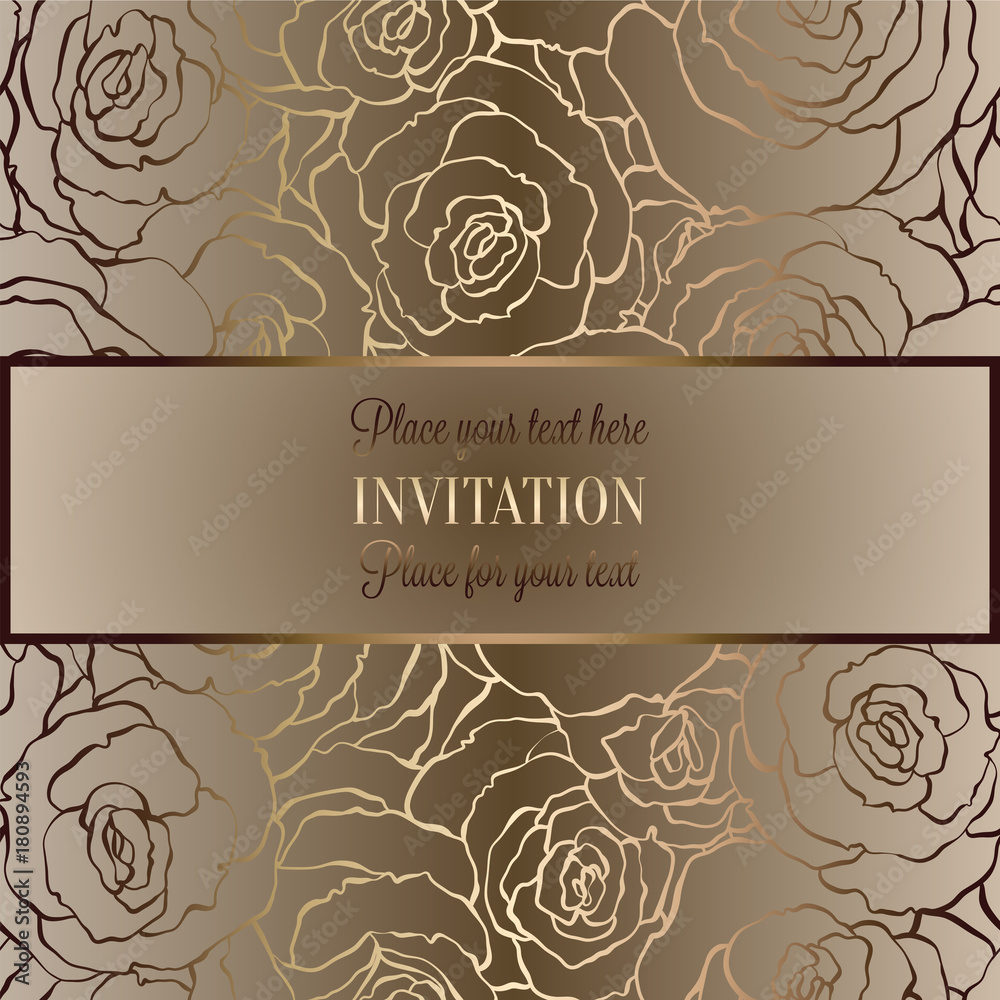 Abstract background with roses, luxury beige and gold vintage tracery made of roses, damask floral wallpaper ornaments, invitation card, baroque style booklet, fashion pattern, template for design