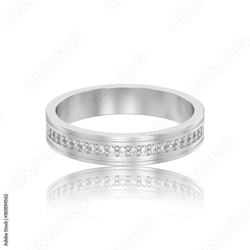 3D illustration isolated white gold or silver engagement wedding band diamond ring with reflection