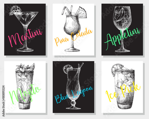 Hand drawn cocktails on individual cards. Vector illustration in sketch style