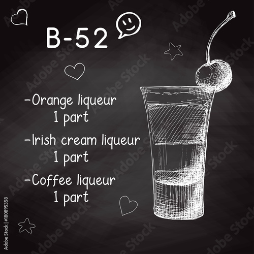 Simple recipe for an alcoholic cocktail B-52. Drawing chalk on a blackboard. Vector illustration of a sketch style.