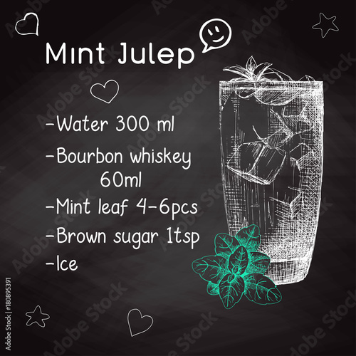 Simple recipe for an alcoholic cocktail Mint Julep. Drawing chalk on a blackboard. Vector illustration of a sketch style.