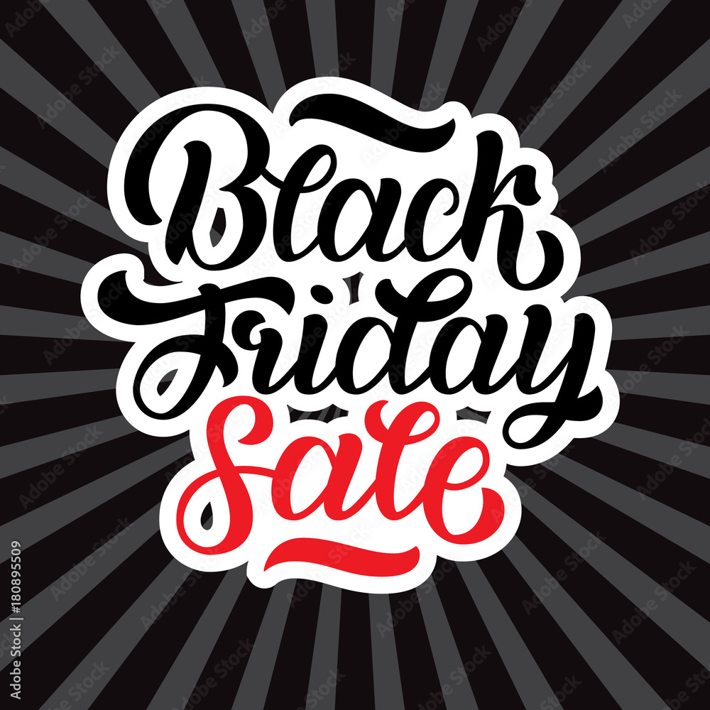 Vector illustration of black friday sale hand-made lettering on black rays background for logo, banners, labels, badges, prints, posters, web Vector illustration of black friday sale hand-made lettering on black rays background for logo, banners, labels, badges, prints, posters, web