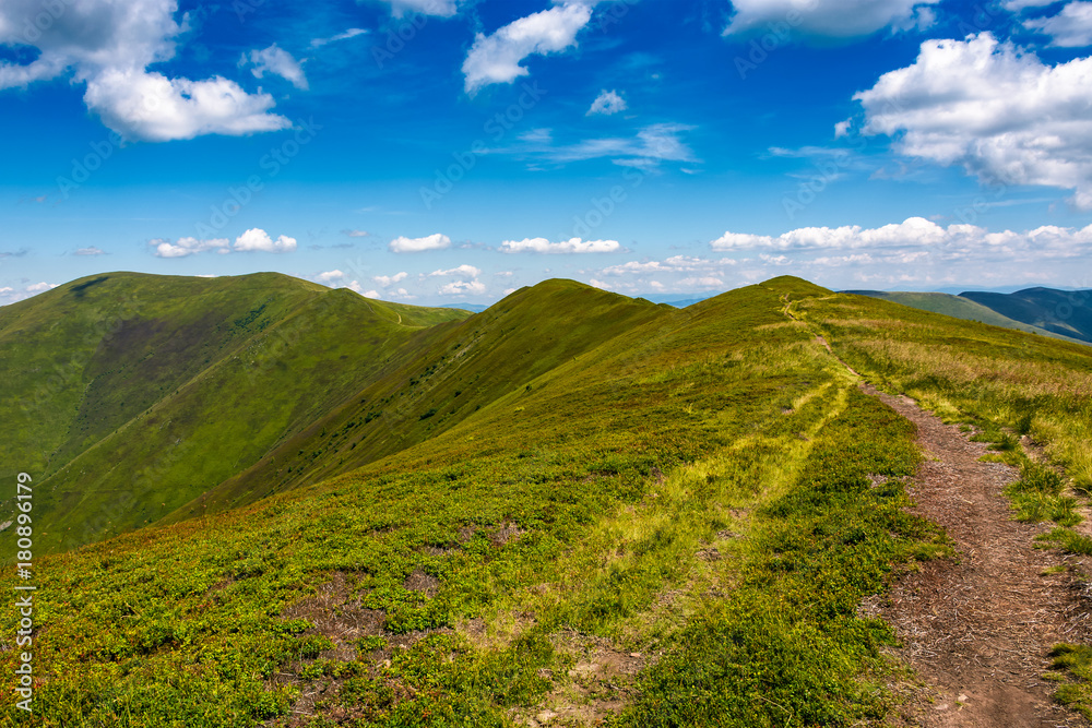 tourist footpath through mountain ridge. beautiful summer landscape under the gorgeous blue sky with some clouds tourist footpath through mountain ridge. beautiful summer landscape under the gorgeous blue sky with some clouds