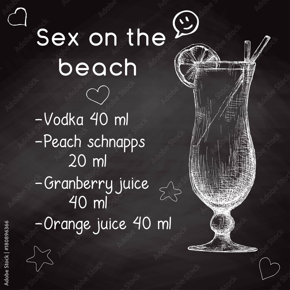 Simple recipe for an alcoholic cocktail Sex On The Beach. Drawing chalk on  a blackboard. Vector illustration of a sketch style. Stock Vector | Adobe  Stock