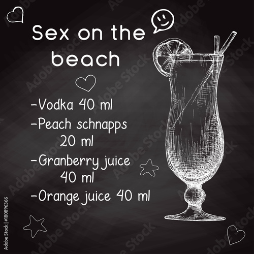 Simple recipe for an alcoholic cocktail Sex On The Beach. Drawing chalk on a blackboard. Vector illustration of a sketch style.