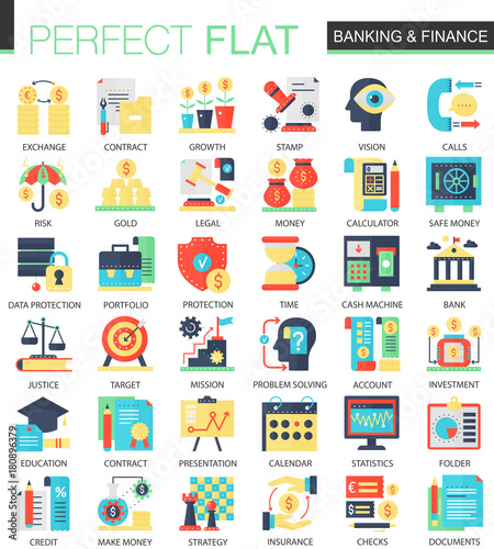 Banking and finance vector complex flat icon concept symbols for web infographic design.