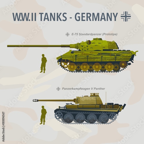 Military tank flat vector illustration of German World War II. vehicle in profile