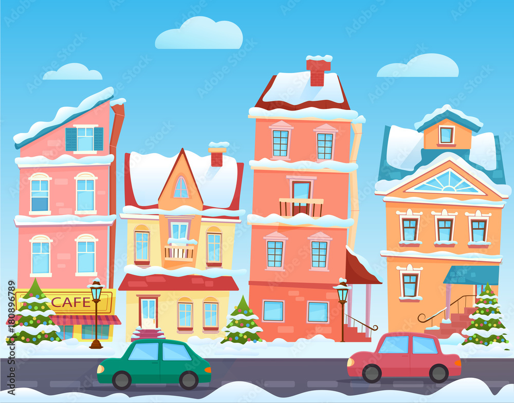 Winter Cartoon City Landscape Vector Christmas Background With Funny Houses Snowy Town At Holiday Eve Stock Vector Adobe Stock