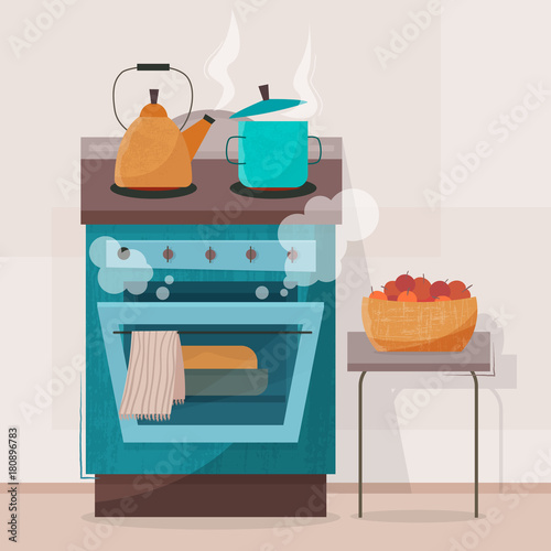Stove in kitchen. Oven with dishes