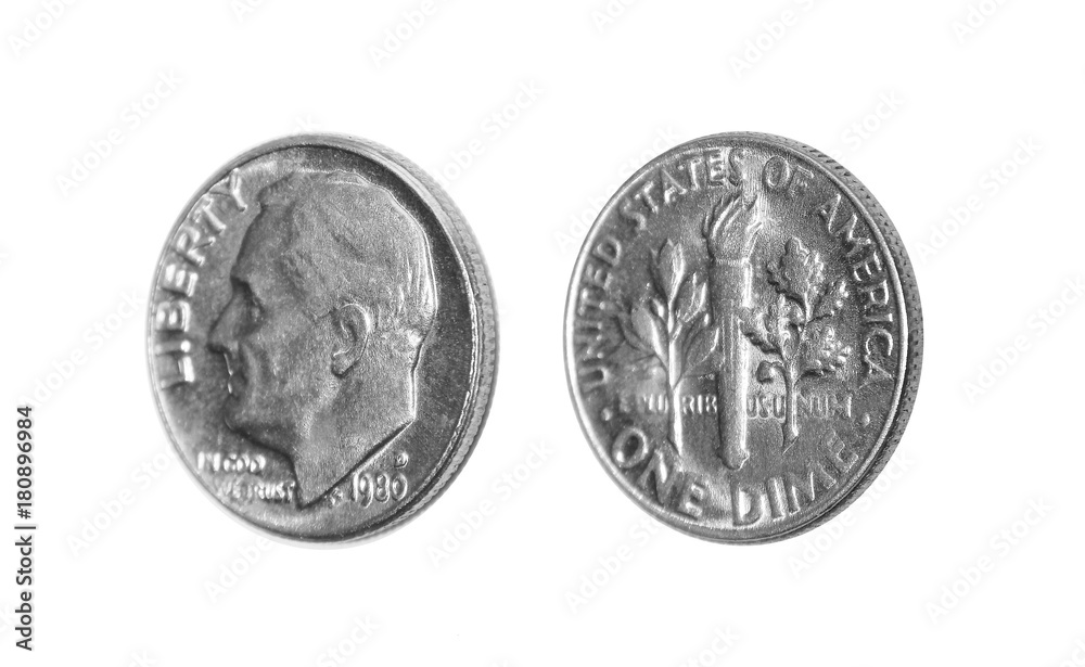 American one dime coin (10 cents) isolated on white background American one dime coin (10 cents) isolated on white background