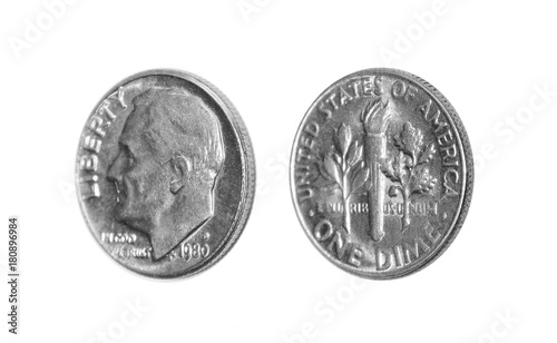 American one dime coin (10 cents) isolated on white background