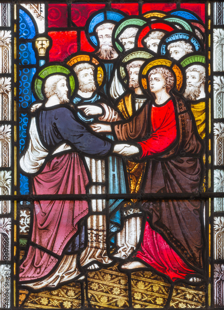LONDON, GREAT BRITAIN - SEPTEMBER 19, 2017: The St. Paul anong the Apostles on the stained glass in St Mary Abbot's church on Kensington High Street.