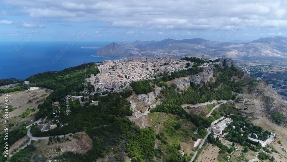 Aerial of mountain town Erice is historic town and comune in the province of Trapani in Sicily Italy the main town of Erice is located on top of Mount Erice at around 750 metres above sea level 4k Aerial of mountain town Erice is historic town and comune in the province of Trapani in Sicily Italy the main town of Erice is located on top of Mount Erice at around 750 metres above sea level 4k