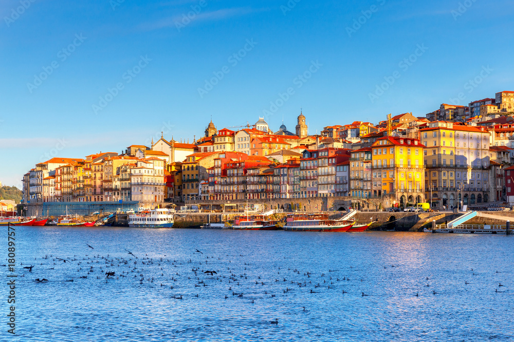 Porto. Multicolored houses on the waterfront of the Douro River.