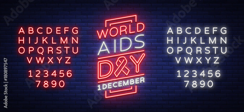World AIDS Day, December 1, banner, neon-style poster. Vector Awareness Awareness Concept. Design with text, luminous banner. Editing text neon sign. Neon alphabet