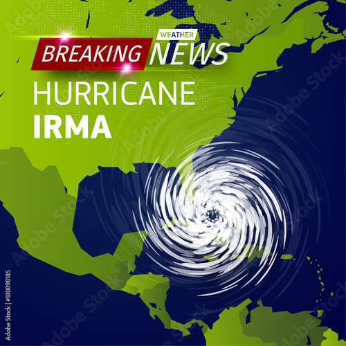 Breaking news TV, realistic Hurricane cyclone vector illustration on USA map, typhoon spiral storm logo on green world map, spin vortex illustration on black background with shadow.