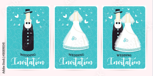 Turquoise wedding invitation card. Marriage. champagne bottle in a suit and a dress newlyweds, vector illustration