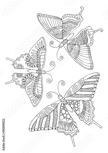 Three fantastic decorative butterflies. Hand drawn picture. Sketch for anti-stress adult coloring book in zen-tangle style. Vector illustration  for coloring page.