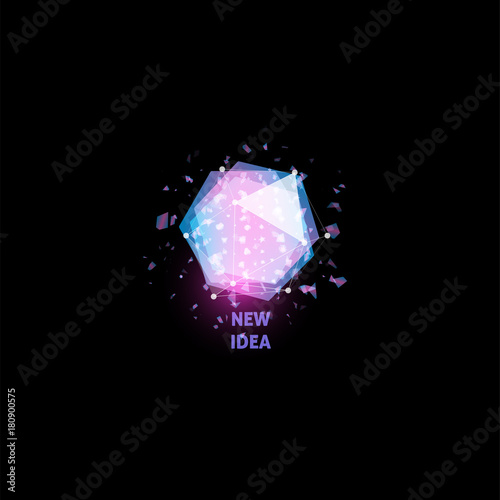 New idea logo, light bulb abstract vector icon. Isolated pink and blue polygons shape, stylized lamp with text. Digital innovation technology vector illustration.