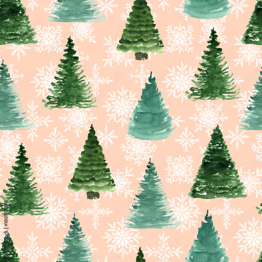 Seamless pattern with fir tree and snowflakes. Watercolor hand drawn