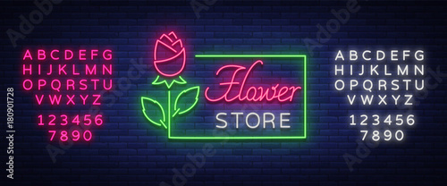 Flower store logo, neon sign. Flower shop. Vector illustration on the theme of selling flowers. Neon banner, vivid advertising of flowers, night sign. Editing text neon sign. Neon alphabet