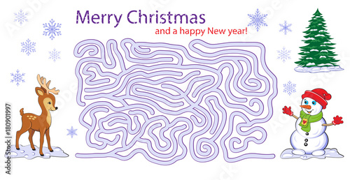 Christmas maze game with pictures of the snowman and a reindeer. 