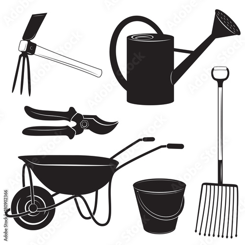 Black and white illustrations of garden tools: garden cutter, potato fork, bucket, watering can and wheelbarrow.