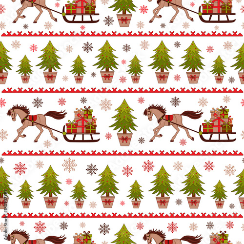 seamless christmas texture, horse driven sled with gifts