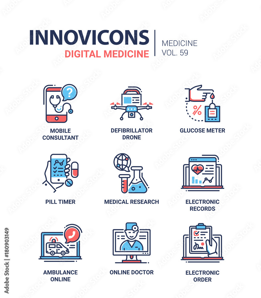 Digital medicine - line design icons set
